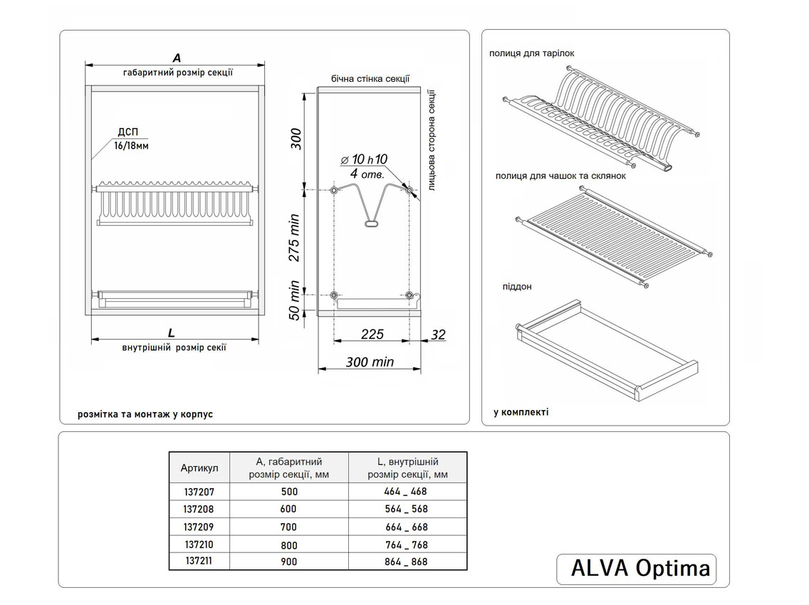 Сушка для посуду Т5 фасад 600 ALVA Optima нержавіюча сталь (2 полиці та 1 піддон)